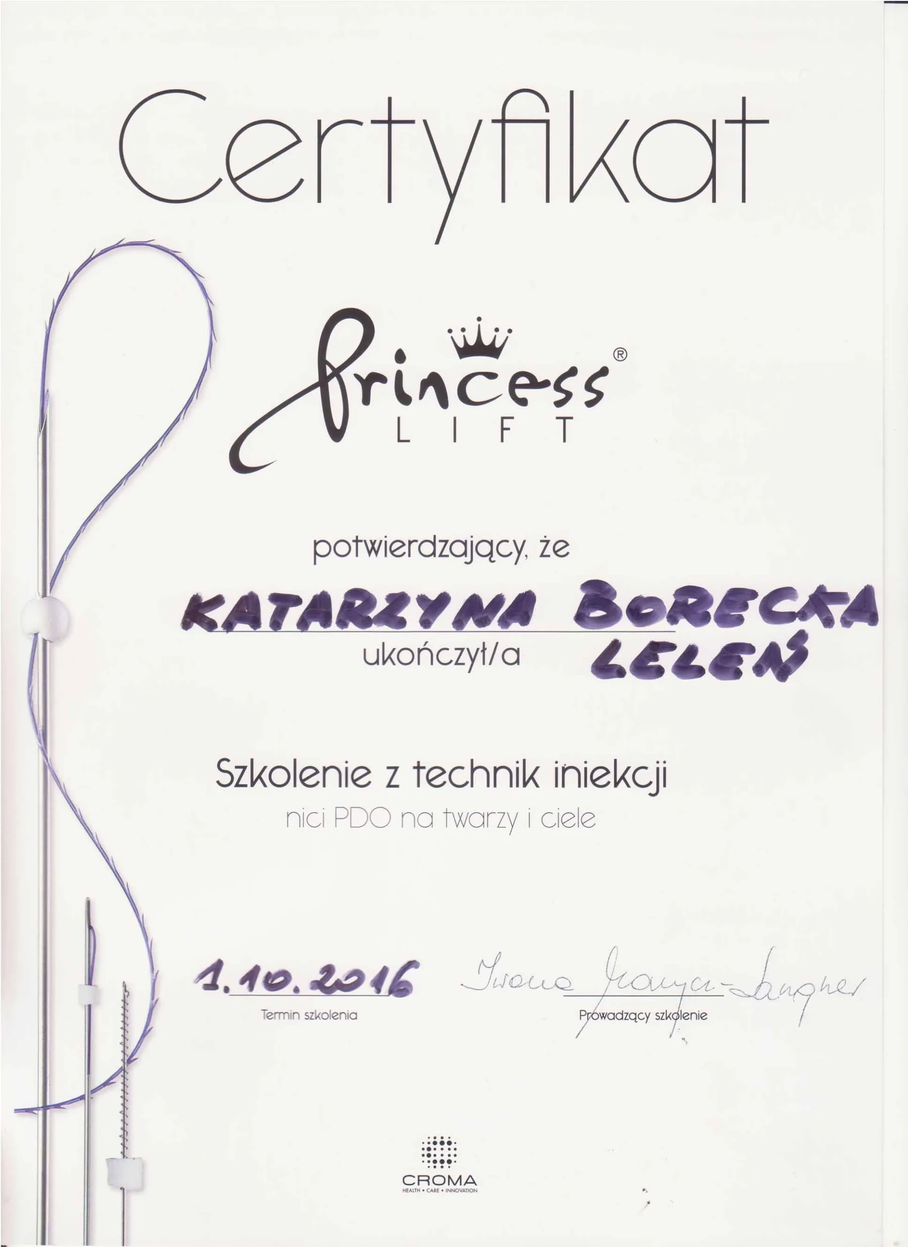Certyfikat Katarzyba Borecka - Leleń - 1